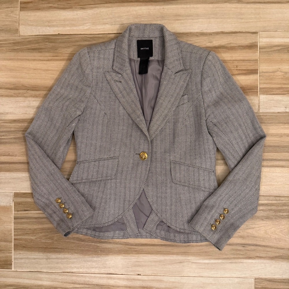 Smythe Grey Herringbone Wool Blazer Gold Button ABA08‎ 07102 Size 4